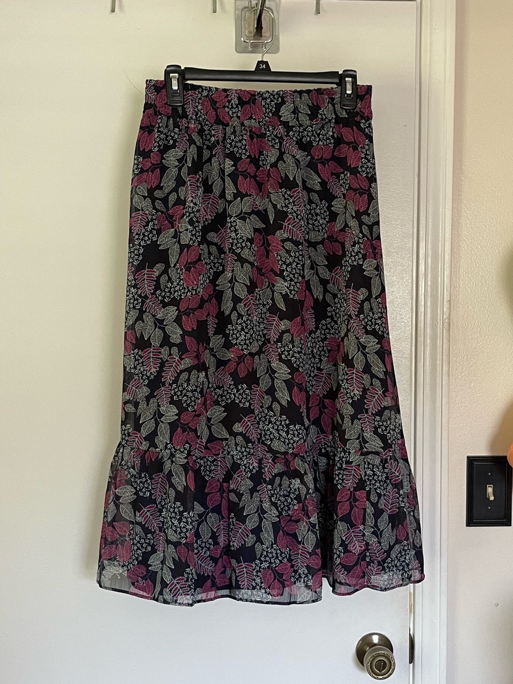 LOFT Black Midi Skirt with Pink and Gray Floral Print